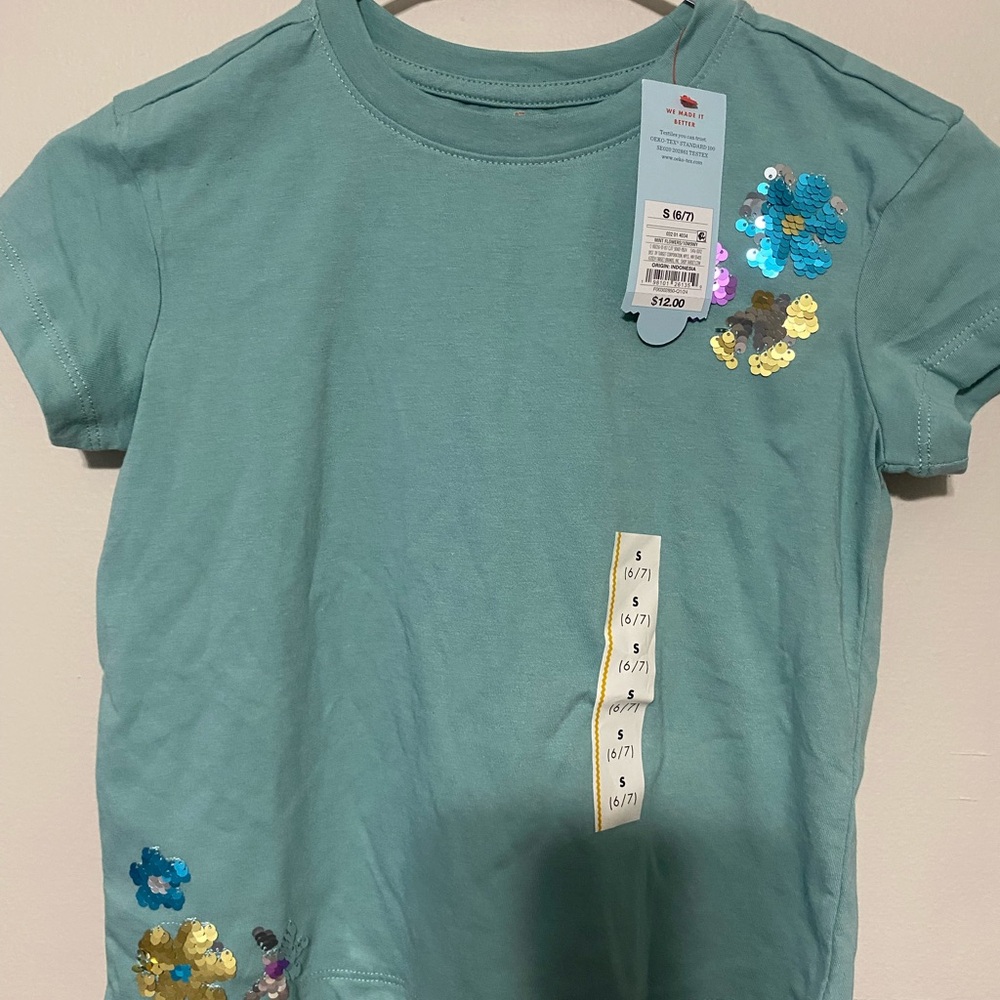 Cat & Jack Blue Short Sleeve Tee with Floral Embellishments